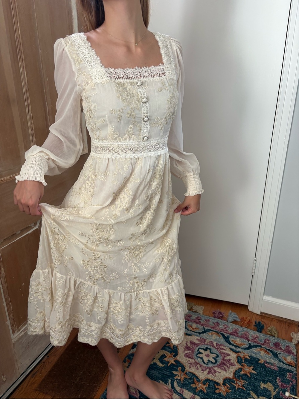 Vintage-Inspired Cream Lace Midi Dress